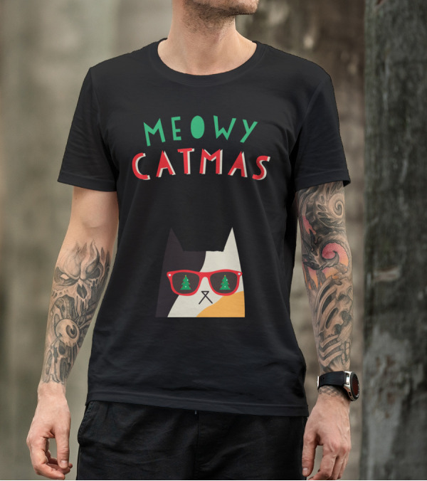 Meowy Catmas Christmas Calico Cat With Sunglasses And Trees T-Shirt