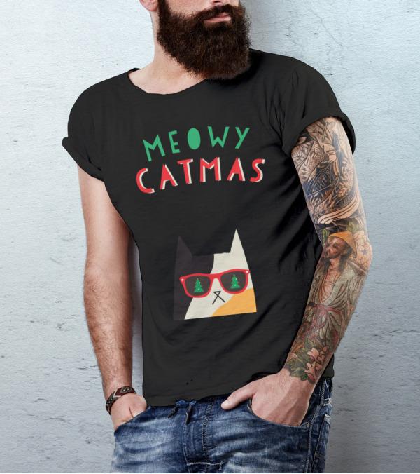 Meowy Catmas Christmas Calico Cat With Sunglasses And Trees T-Shirt