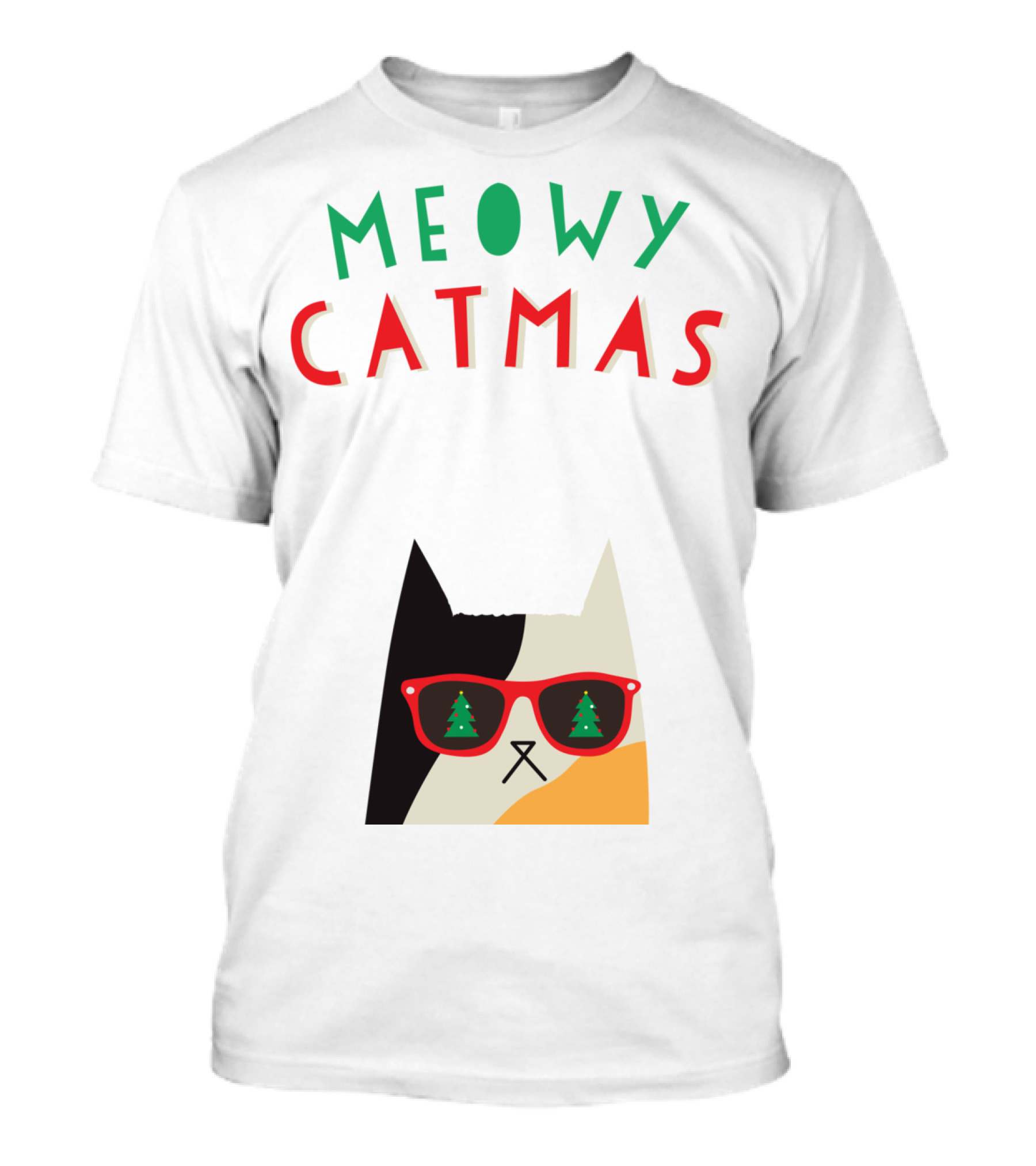 Meowy Catmas Christmas Calico Cat With Sunglasses And Trees T-Shirt