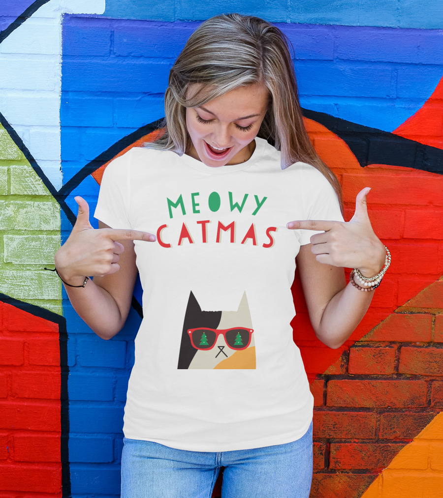 Meowy Catmas Christmas Calico Cat With Sunglasses And Trees T-Shirt