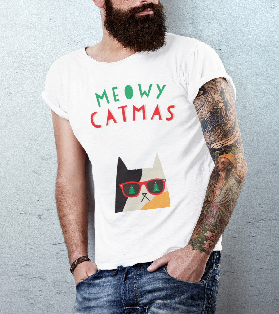 Meowy Catmas Christmas Calico Cat With Sunglasses And Trees T-Shirt