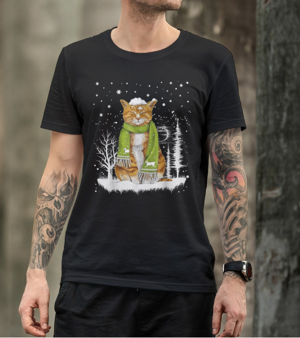 Meowy Xmas Christmas Cats In Snow With Green Scarf And Reindeer T-Shirt