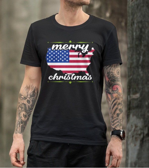 Merry Christmas USA Flag Map T-Shirt
