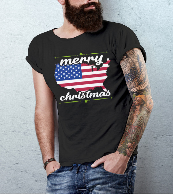 Merry Christmas USA Flag Map T-Shirt