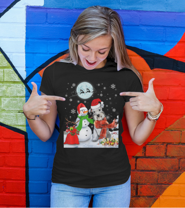 Miniature Schnauzer Santa Snowman Christmas Moon Snowflakes T-Shirt