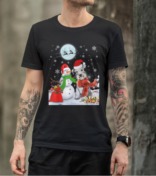 Miniature Schnauzer Santa Snowman Christmas Moon Snowflakes T-Shirt