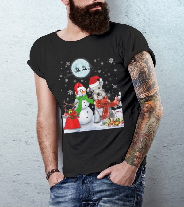 Miniature Schnauzer Santa Snowman Christmas Moon Snowflakes T-Shirt