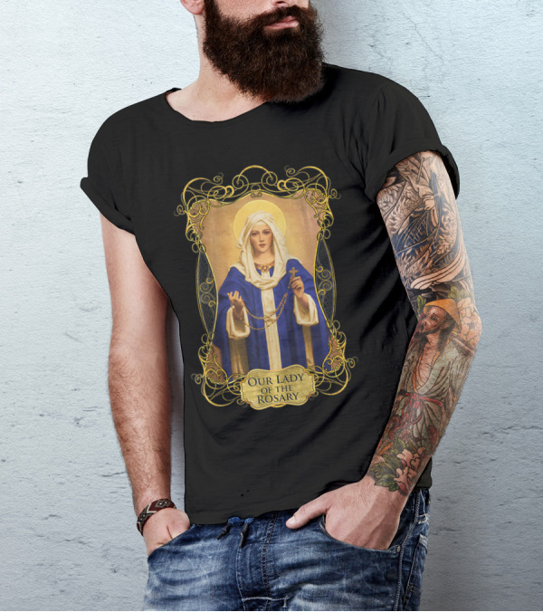 Our Lady Of The Rosary Catholic Prayer Blessed Virgin Mary Icon With Rosary Beads And Cross T-Shirt