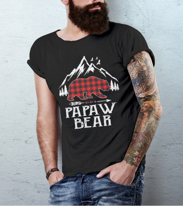 Papaw Bear Christmas Red Plaid Buffalo Mountain Scene T-Shirt
