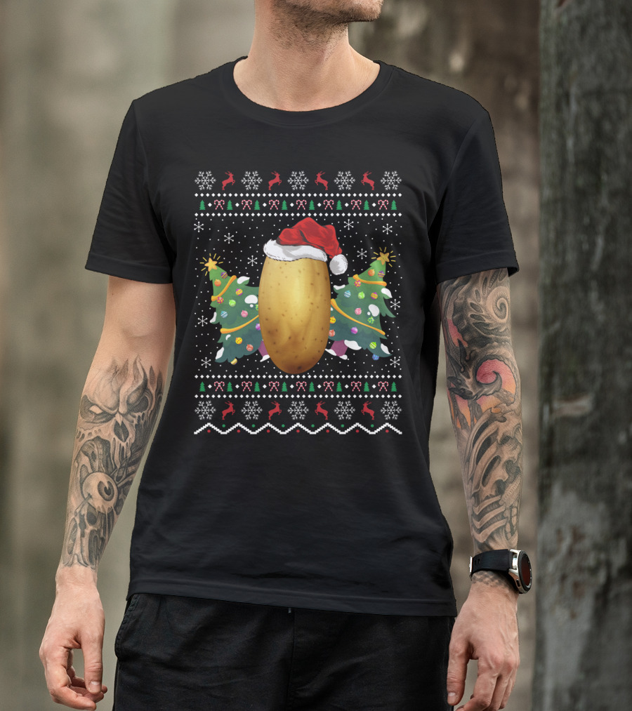 Potato Lover Christmas Ugly Sweater Santa Hat Reindeer Snowflakes Christmas Tree T-Shirt