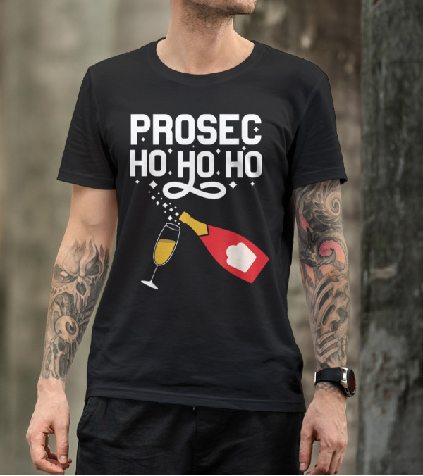 Prosecco Ho Ho Ho Funny Christmas Wine Bottle And Glass T-Shirt