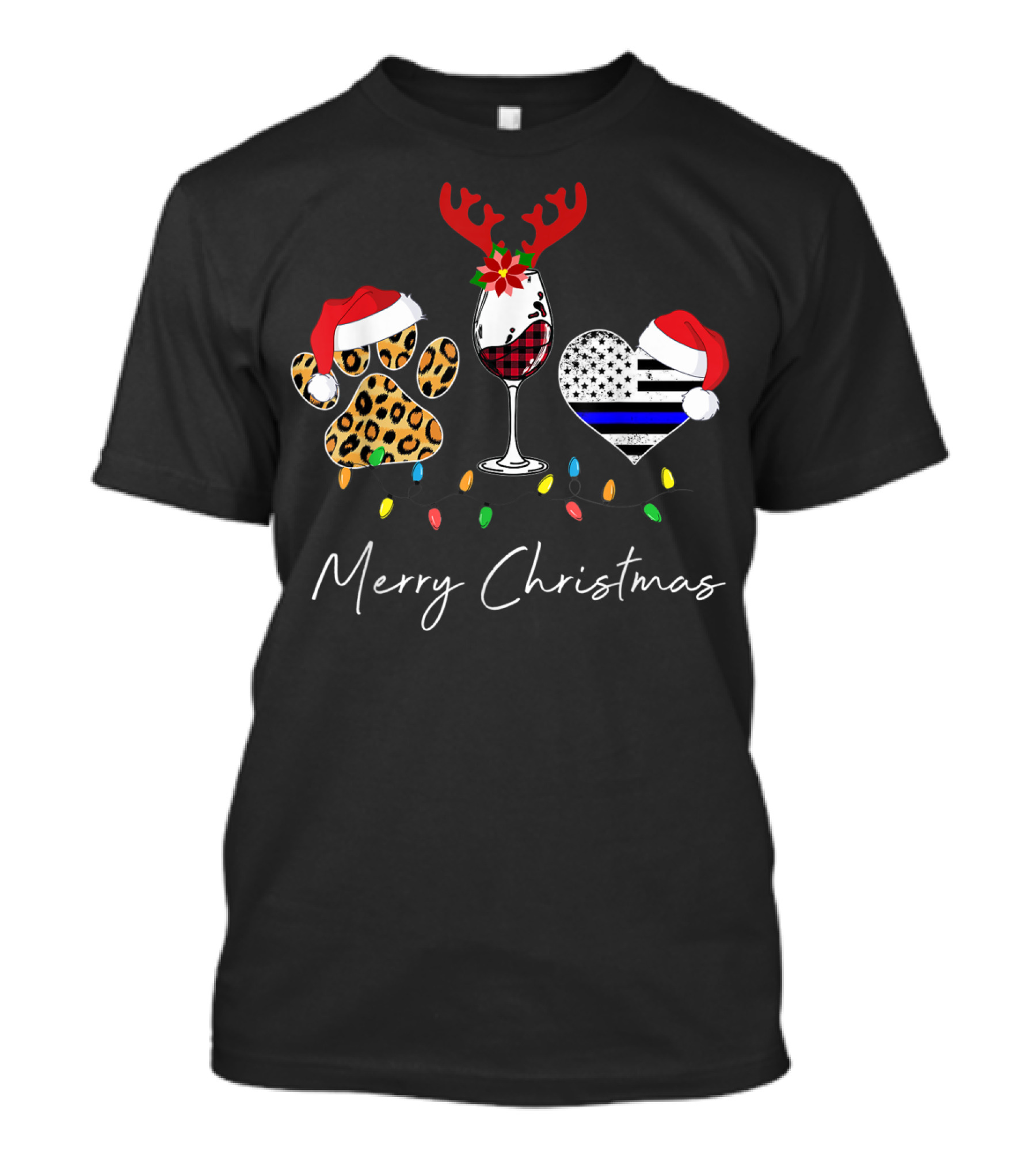 Red Plaid Wine Glass Leopard Dog Paw Blue Line Heart Merry Christmas T-Shirt