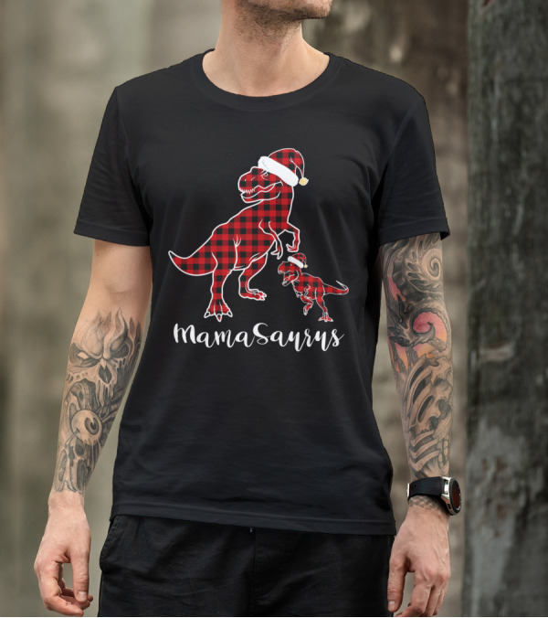 Mamasaurus Red Plaid Santa Hat Buffalo Family T-Shirt