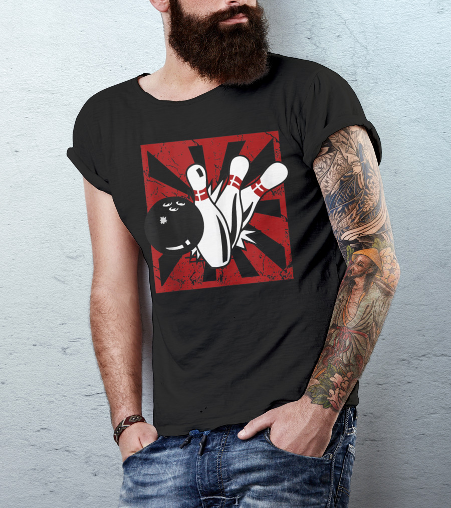 Retro Vintage Bowling Funny Striking Bowler Bowl Pins Explosion T-Shirt