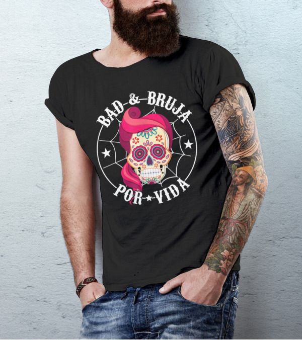 BAD AND BRUJA POR VIDA SUGAR SKULL PINK HAIR SPIDERWEB STARS T-Shirt