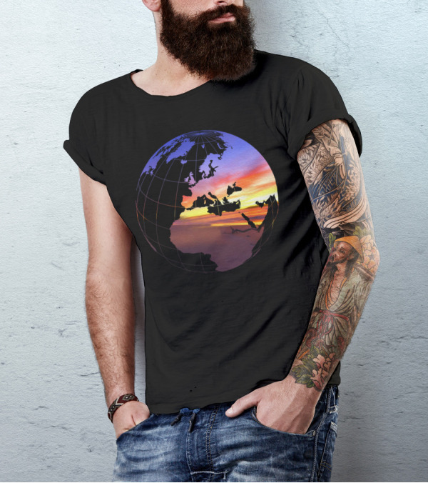 Beach Sunset Tropical Paradise View In A Globe Over World Map T-Shirt