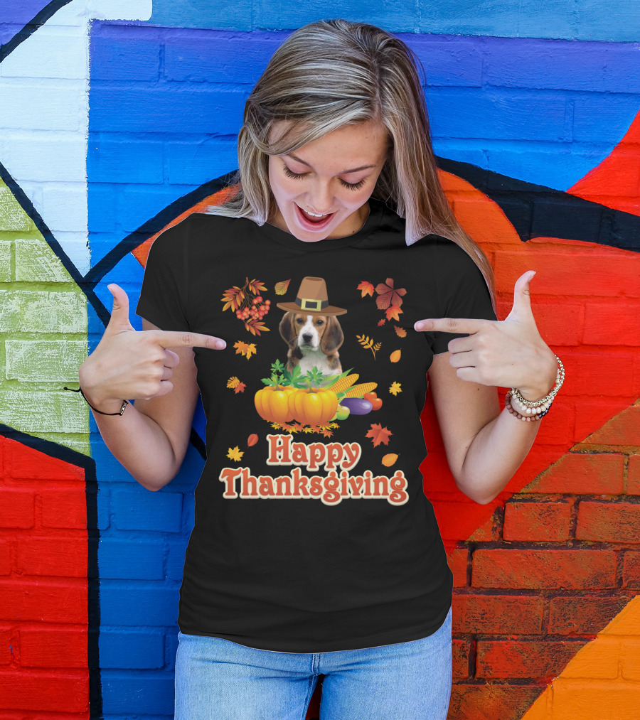 Happy Thanksgiving Beagle Dog With Harvest Festival Hat And Pumpkins T-Shirt