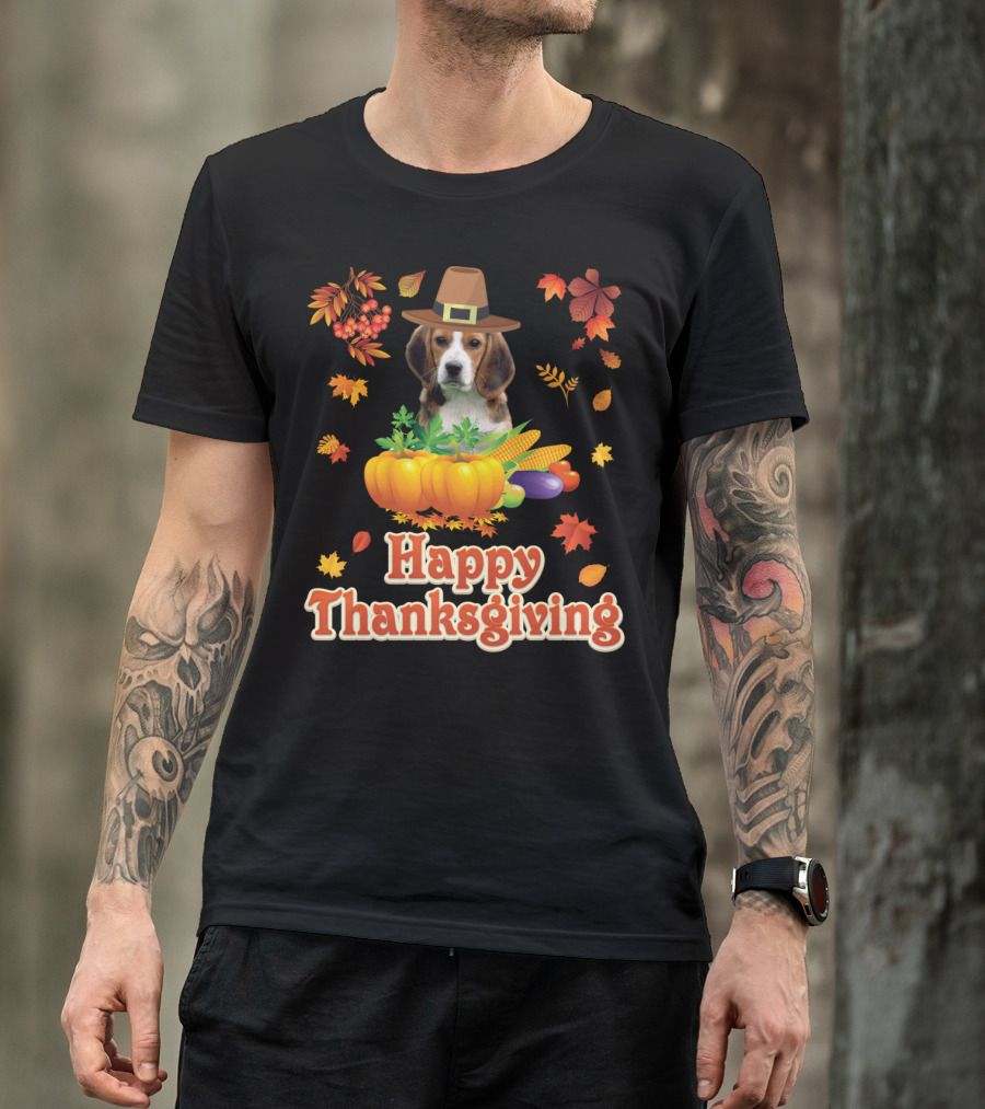 Happy Thanksgiving Beagle Dog With Harvest Festival Hat And Pumpkins T-Shirt