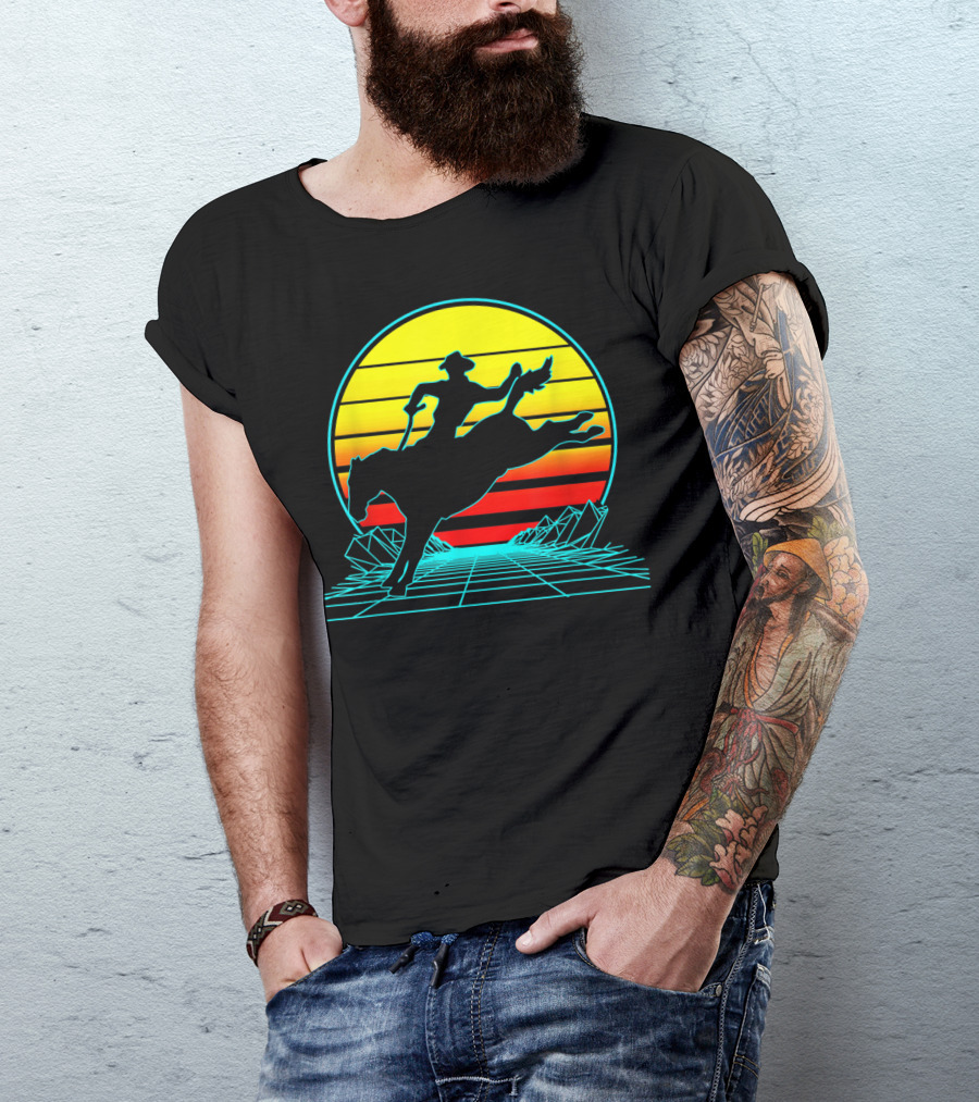 Retro Cowboy Sunrise Vaporwave Rodeo T-Shirt