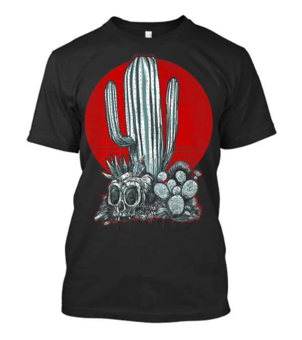 Skull And Cactus With Red Sunset Background T-Shirt