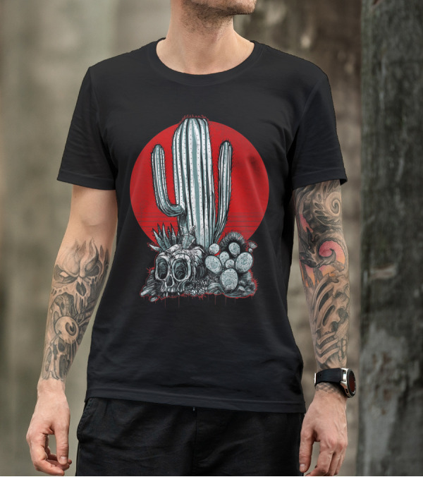 Skull And Cactus With Red Sunset Background T-Shirt