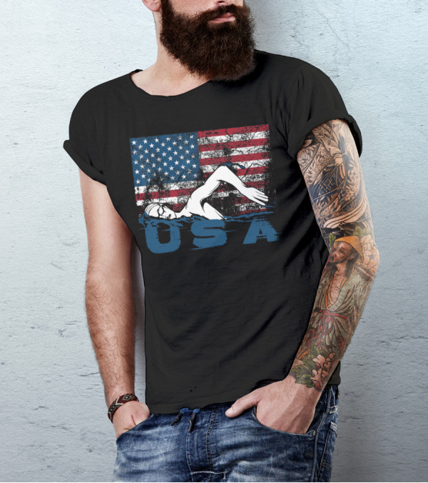 USA Swimming Cute Aquatic Sport American Flag Swimmer T-Shirt