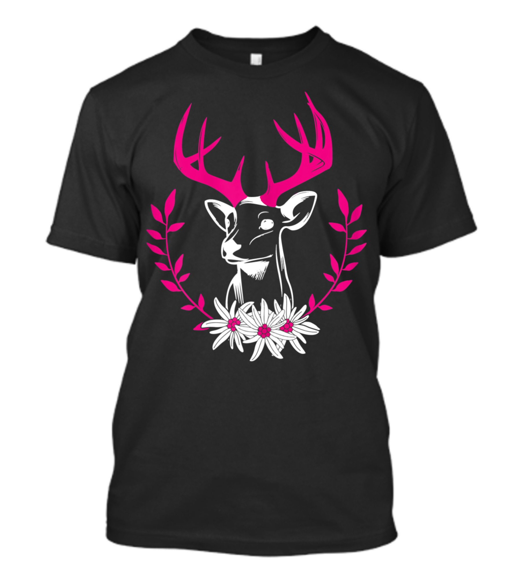 Damen Hirschkopf Edelweiß Oktoberfest Frauen Rosa Geweih Mit Blumenkranz T-Shirt