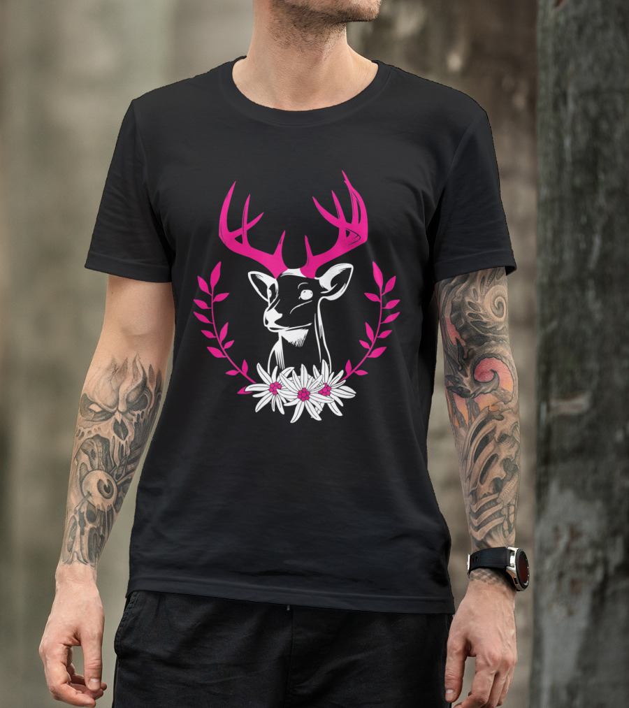 Damen Hirschkopf Edelweiß Oktoberfest Frauen Rosa Geweih Mit Blumenkranz T-Shirt