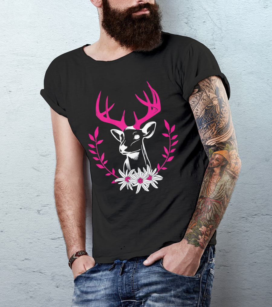 Damen Hirschkopf Edelweiß Oktoberfest Frauen Rosa Geweih Mit Blumenkranz T-Shirt