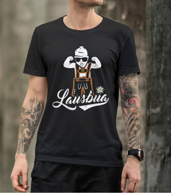 Lausbua Mit Lederhose Cooler Gangster Lustiges Alpine Style Kid Flexing With Edelweiss T-Shirt