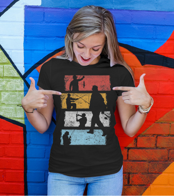 Vintage Angeln Fischen Im Retro Streifen Silhouetten T-Shirt