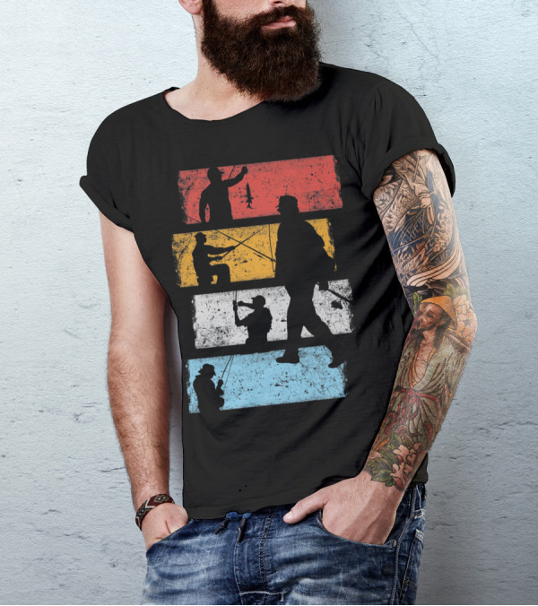 Vintage Angeln Fischen Im Retro Streifen Silhouetten T-Shirt