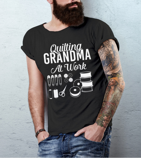 Quilting Grandma At Work With Safety Pins Buttons Scissors And Thread Spools T-Shirt
