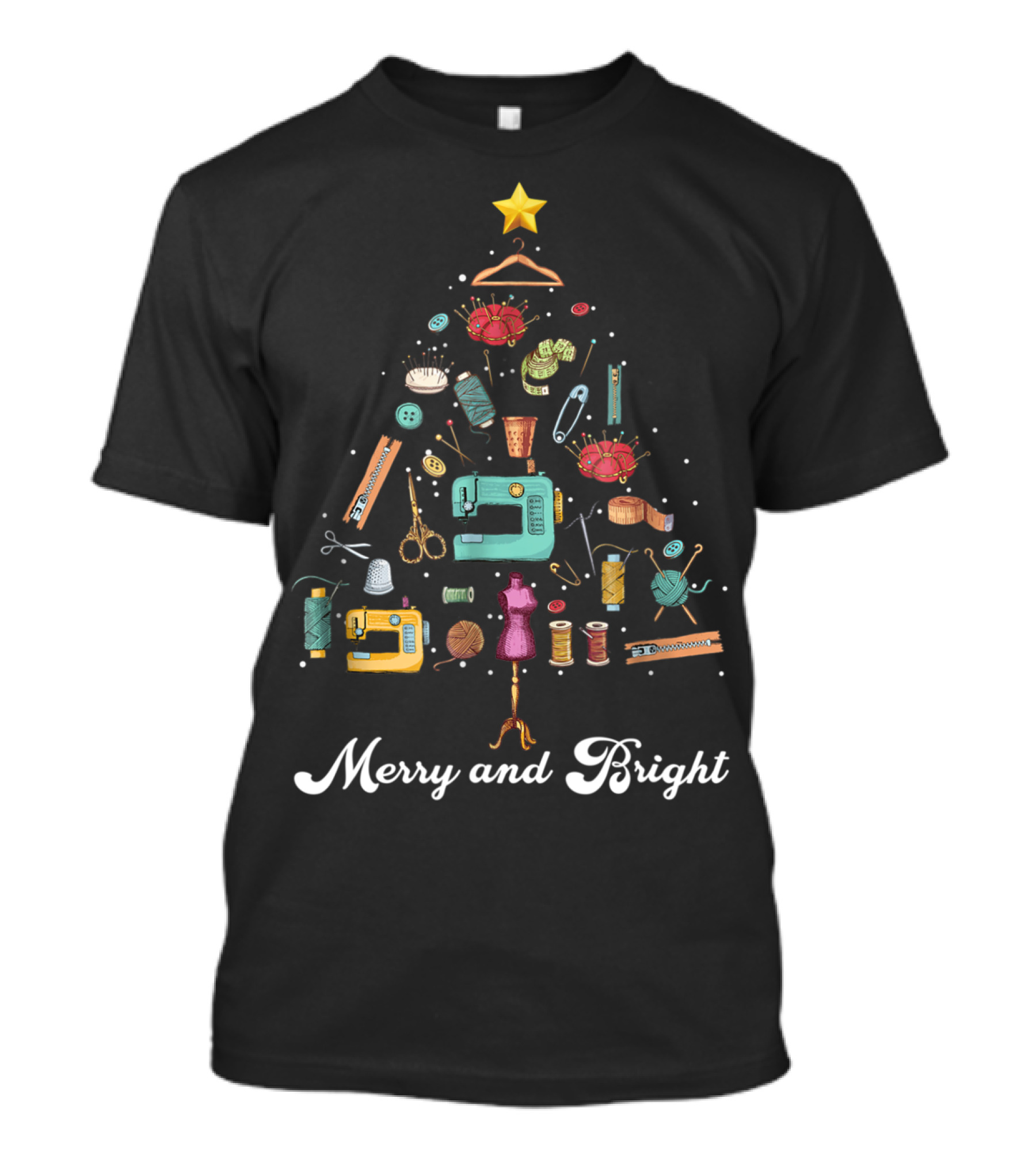 Merry And Bright Sewing Yarn Quilting Christmas Tree With Sewing Notions T-Shirt