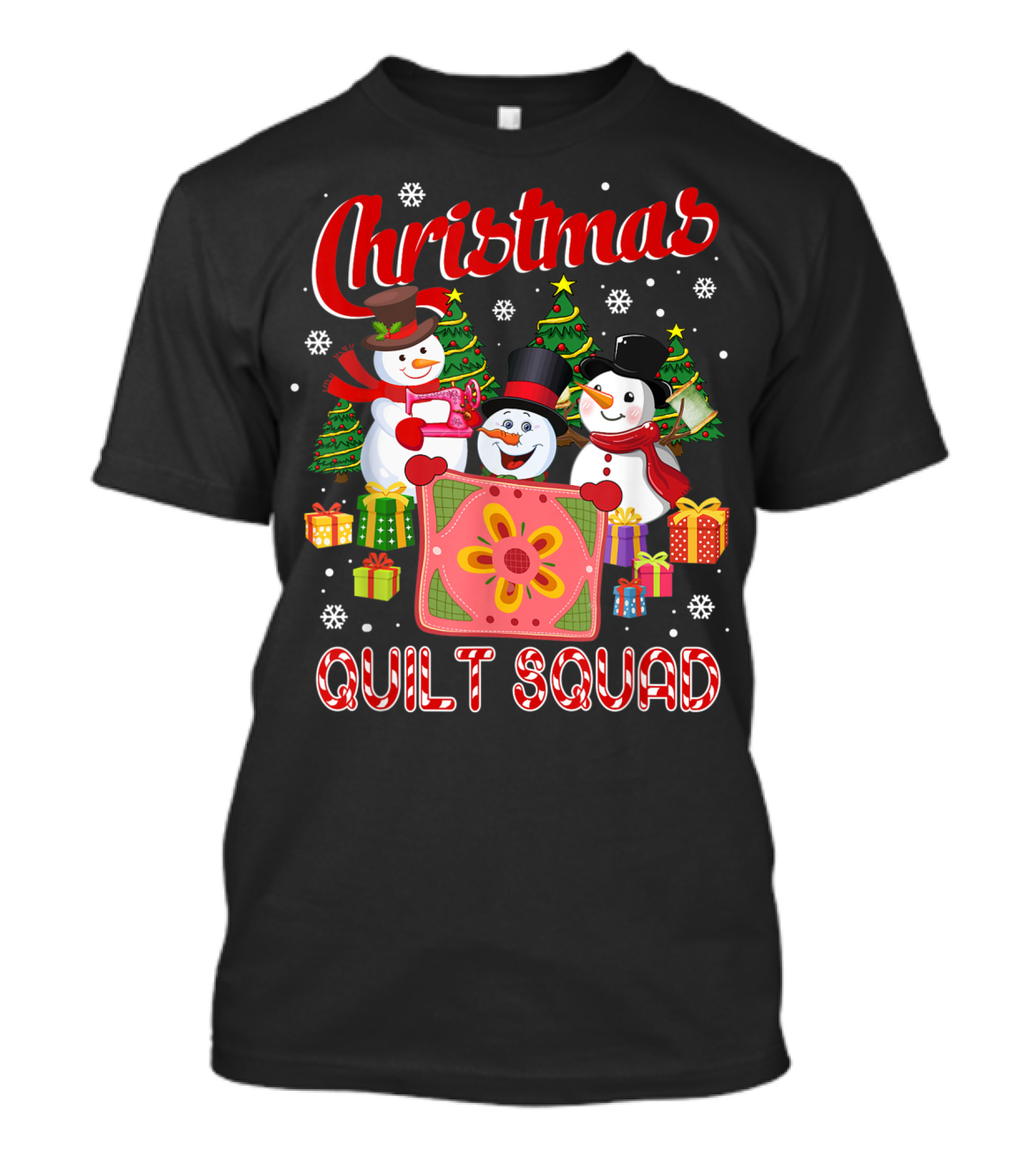 Christmas Quilt Squad Snowman Holiday Celebration With Gifts And Trees T-Shirt