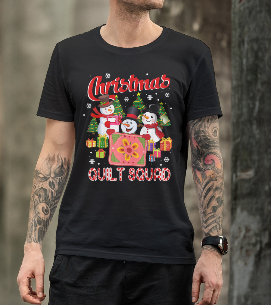 Christmas Quilt Squad Snowman Holiday Celebration With Gifts And Trees T-Shirt