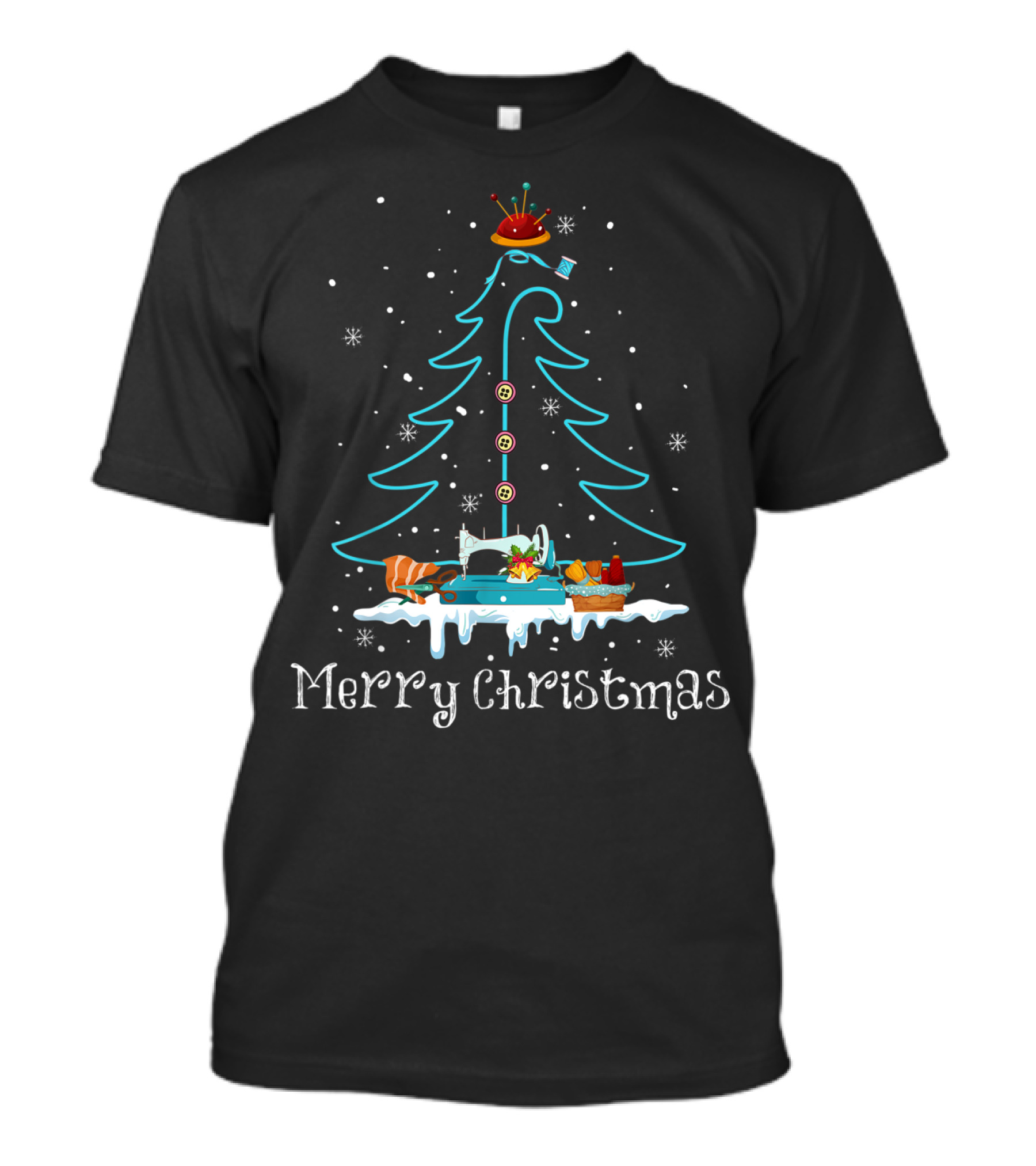 Merry Christmas Sewing Machine Tree With Buttons And Snowflakes T-Shirt