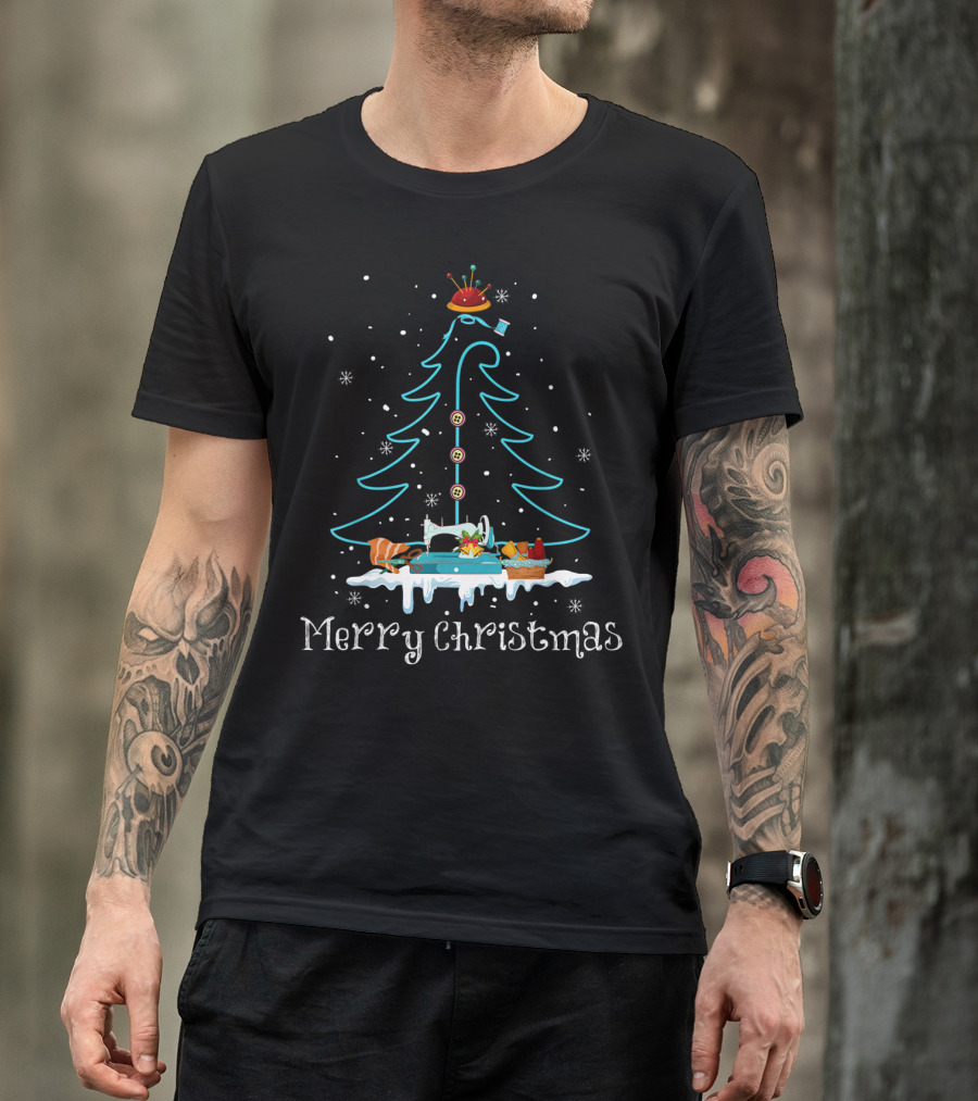Merry Christmas Sewing Machine Tree With Buttons And Snowflakes T-Shirt