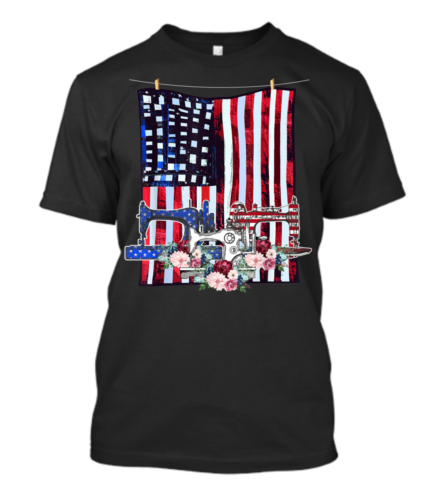 USA Flag Quilting With Sewing Machines And Flowers T-Shirt