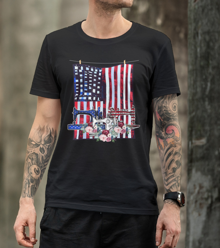 USA Flag Quilting With Sewing Machines And Flowers T-Shirt
