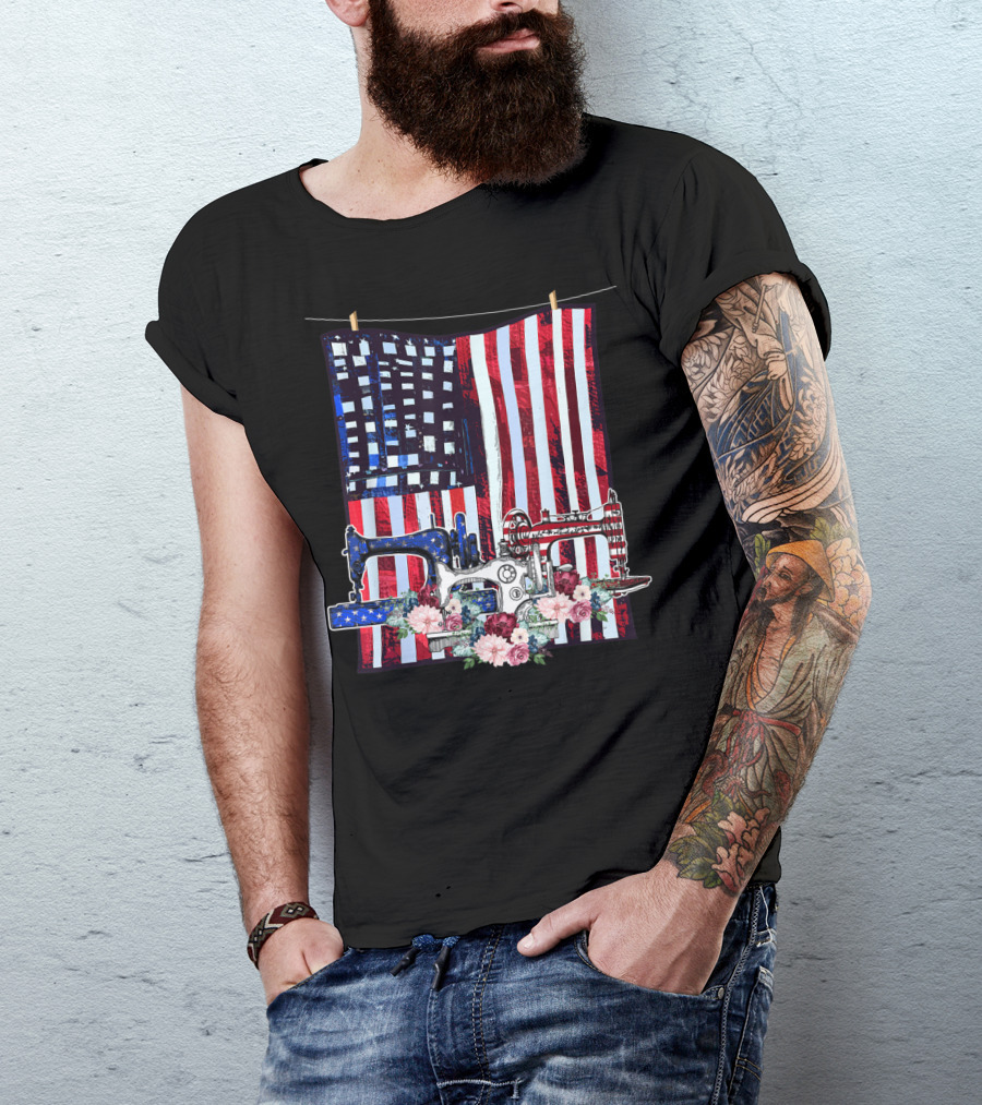 USA Flag Quilting With Sewing Machines And Flowers T-Shirt