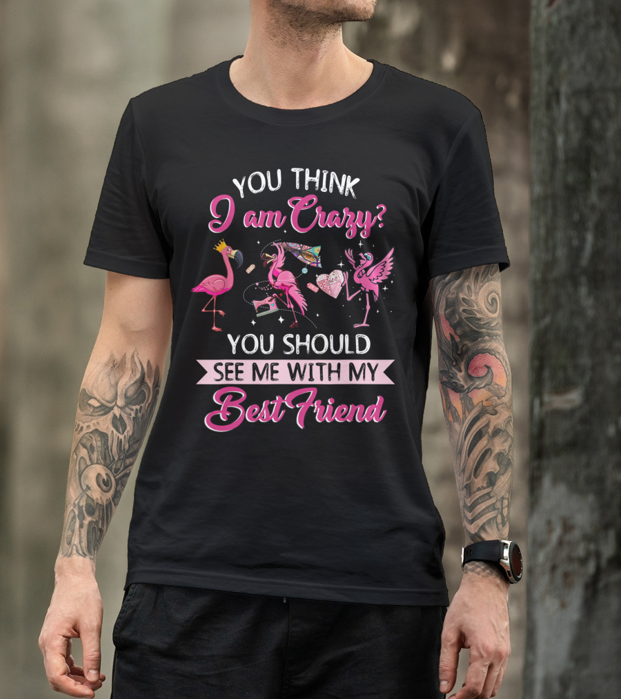 You Think I Am Crazy You Should See Me With My Best Friend Quilting Flamingo T-Shirt