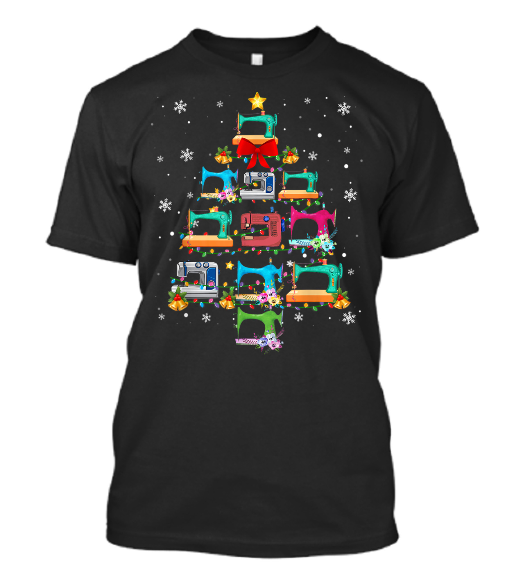 Quilting Sewing Machine Christmas Tree With Stars And Snowflakes T-Shirt