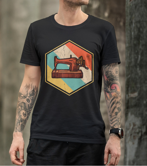 Retro Vintage Sewing Machine Quilting Diagonal Stripes T-Shirt