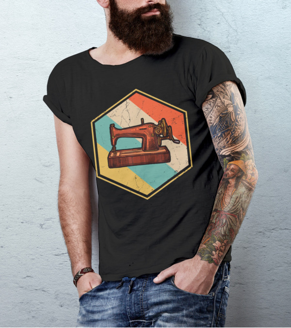 Retro Vintage Sewing Machine Quilting Diagonal Stripes T-Shirt