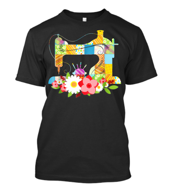Sewing Machine With Colorful Quilt Patterns And Floral Accents For Quilting Mom Grandma T-Shirt