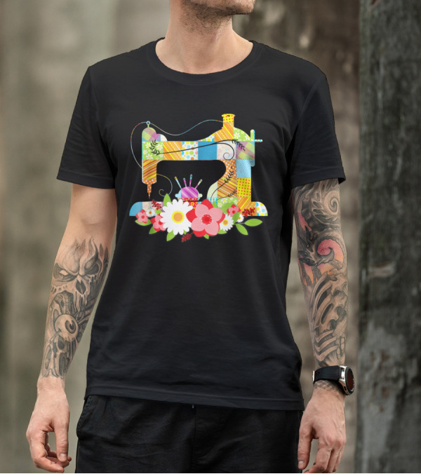Sewing Machine With Colorful Quilt Patterns And Floral Accents For Quilting Mom Grandma T-Shirt