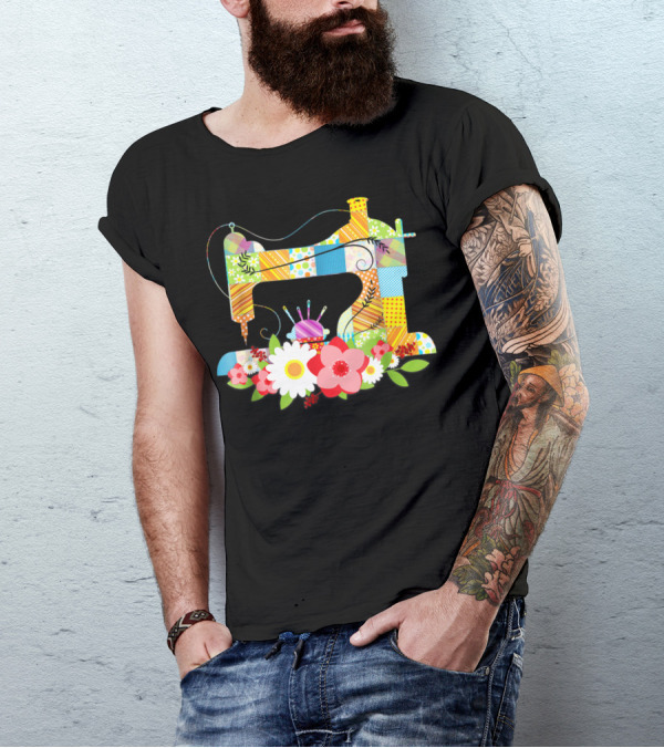 Sewing Machine With Colorful Quilt Patterns And Floral Accents For Quilting Mom Grandma T-Shirt