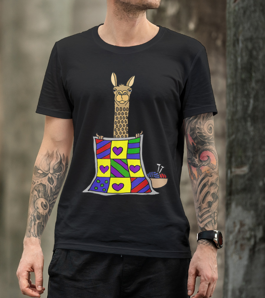 Smileshoba Funny Llama Quilting Cartoon Colorful Heart Patchwork T-Shirt