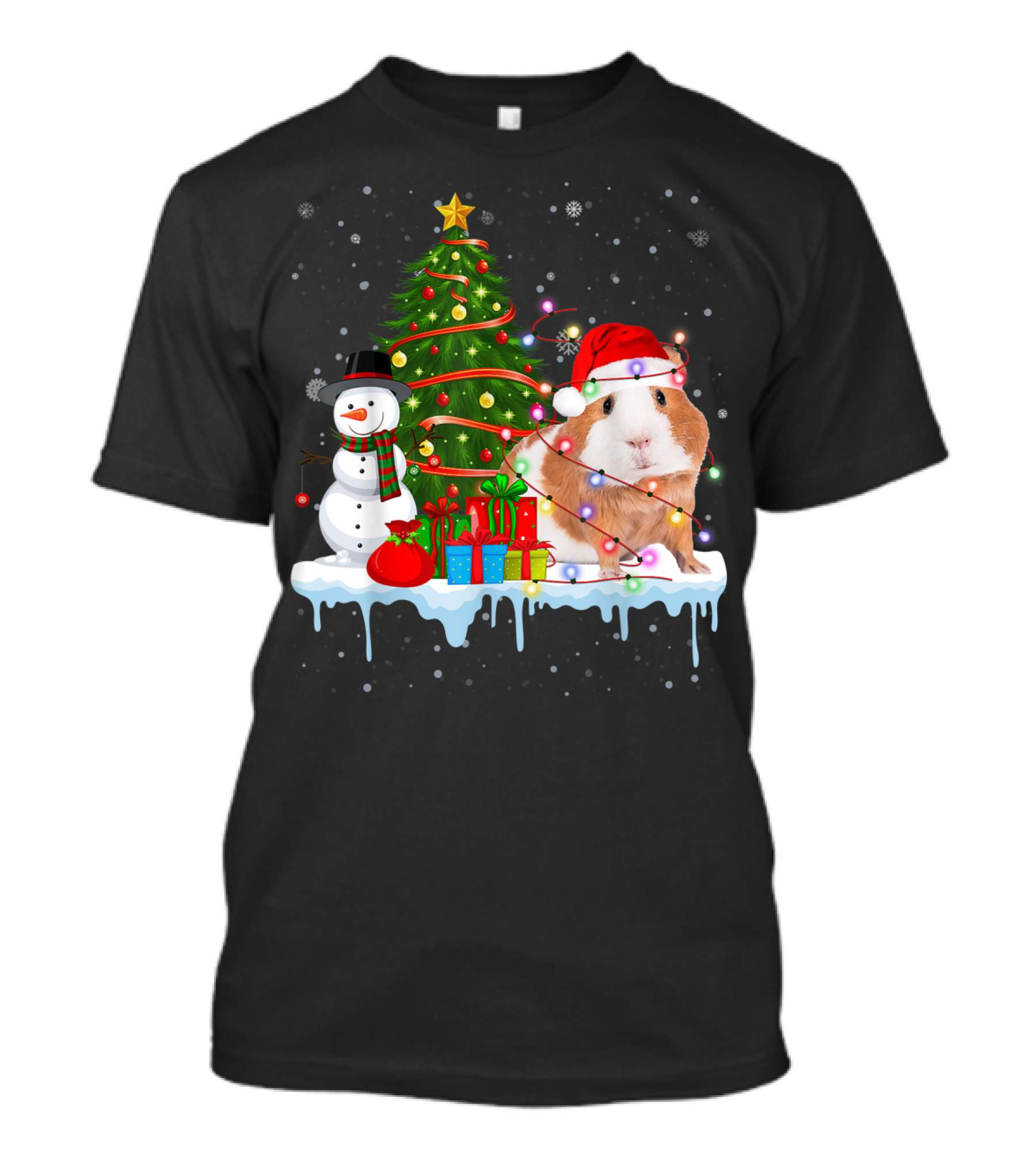 Guinea Pig Santa Hat Christmas Lights Snowman Tree Gifts Snow T-Shirt